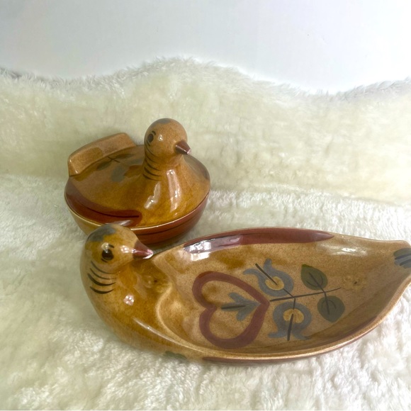 Vintage California Cleminsons Pottery Distlefink Bird Dish with Lid Folk Art - Picture 9 of 9